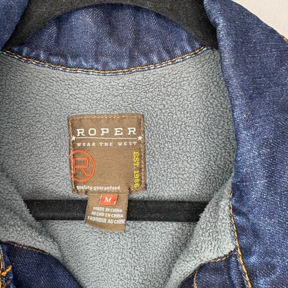 Roper Fleece Lined Dark Wash Mens Workwear Distressed Denim Jacket Sz M - Picture 3 of 4